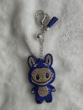 Blue Labubu Rhinestone Bunny Keychain with Gold Accents Bag Charm